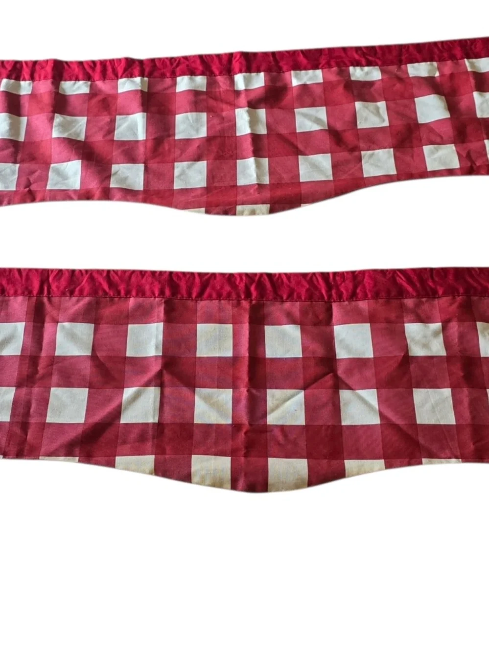 Red and White Gingham Check Scallop Set Of 2 Window Valances 60x14 Patriotic USA